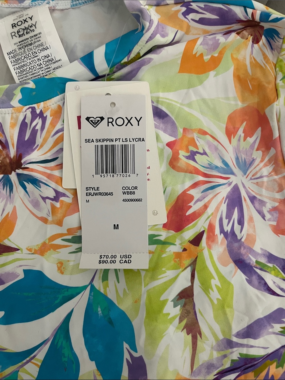 Roxy Floral Long Sleeve Rash Guard - Blue, Orange, Purple, Green - Picture 2 of 6